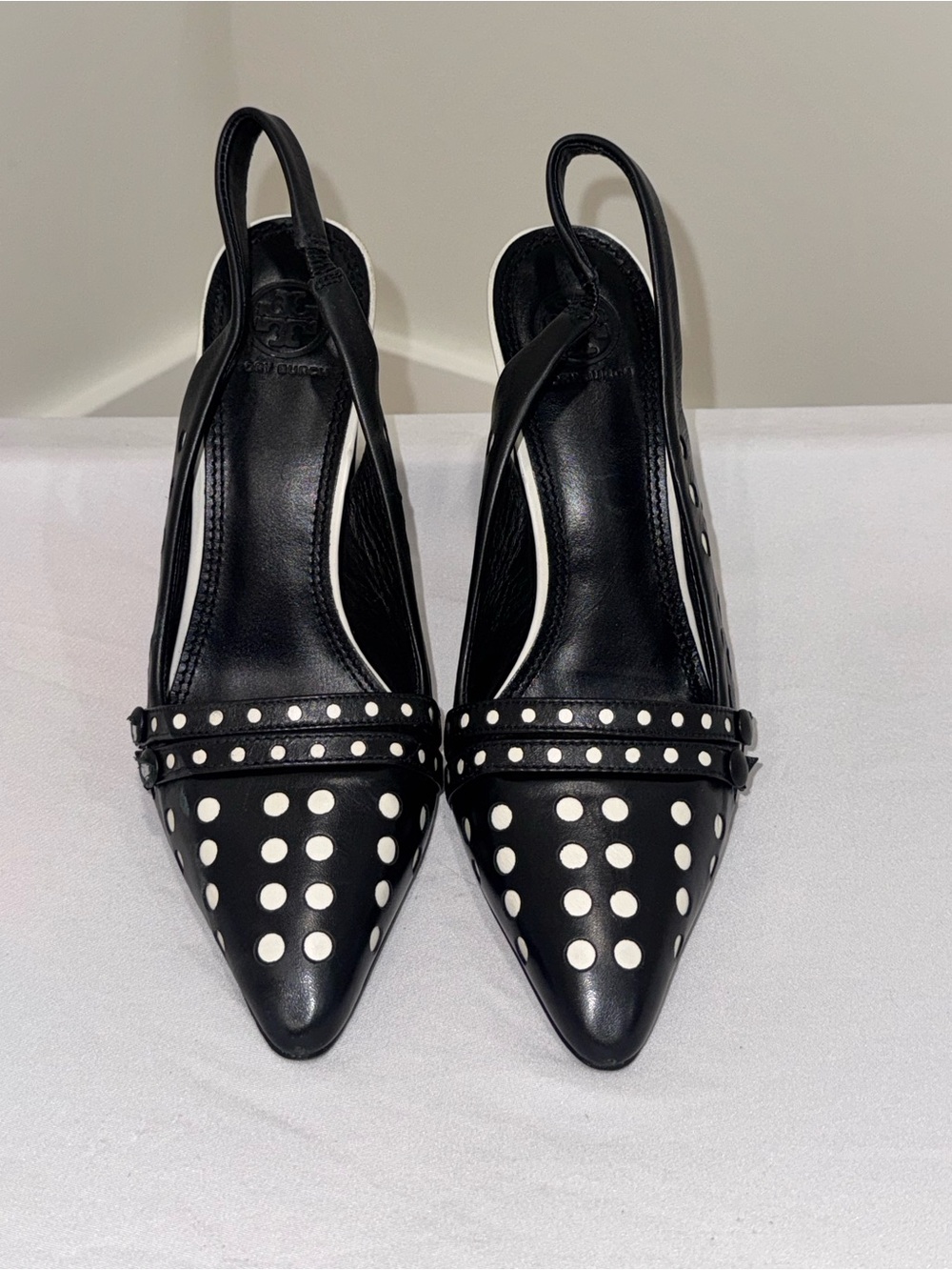 Tory Burch Kay Polka Dot Slingback Pumps Black White Leather Size 8M
